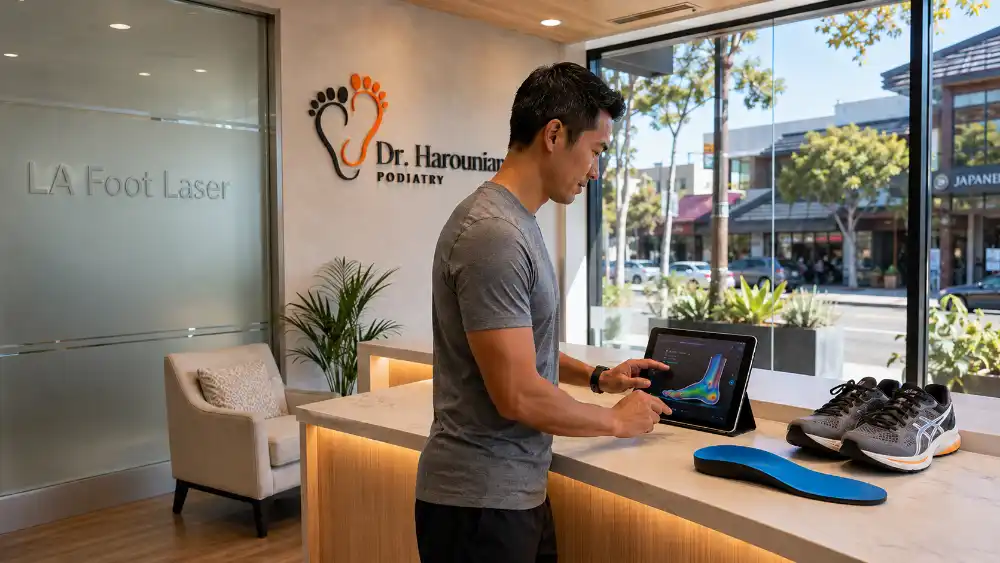podiatrist-west-los-angeles-ca-foot-scan-custom-orthotics Patient reviewing a digital biomechanical foot scan and custom orthotic in a modern clinic, illustrating personalized care from a podiatrist in West Los Angeles, CA